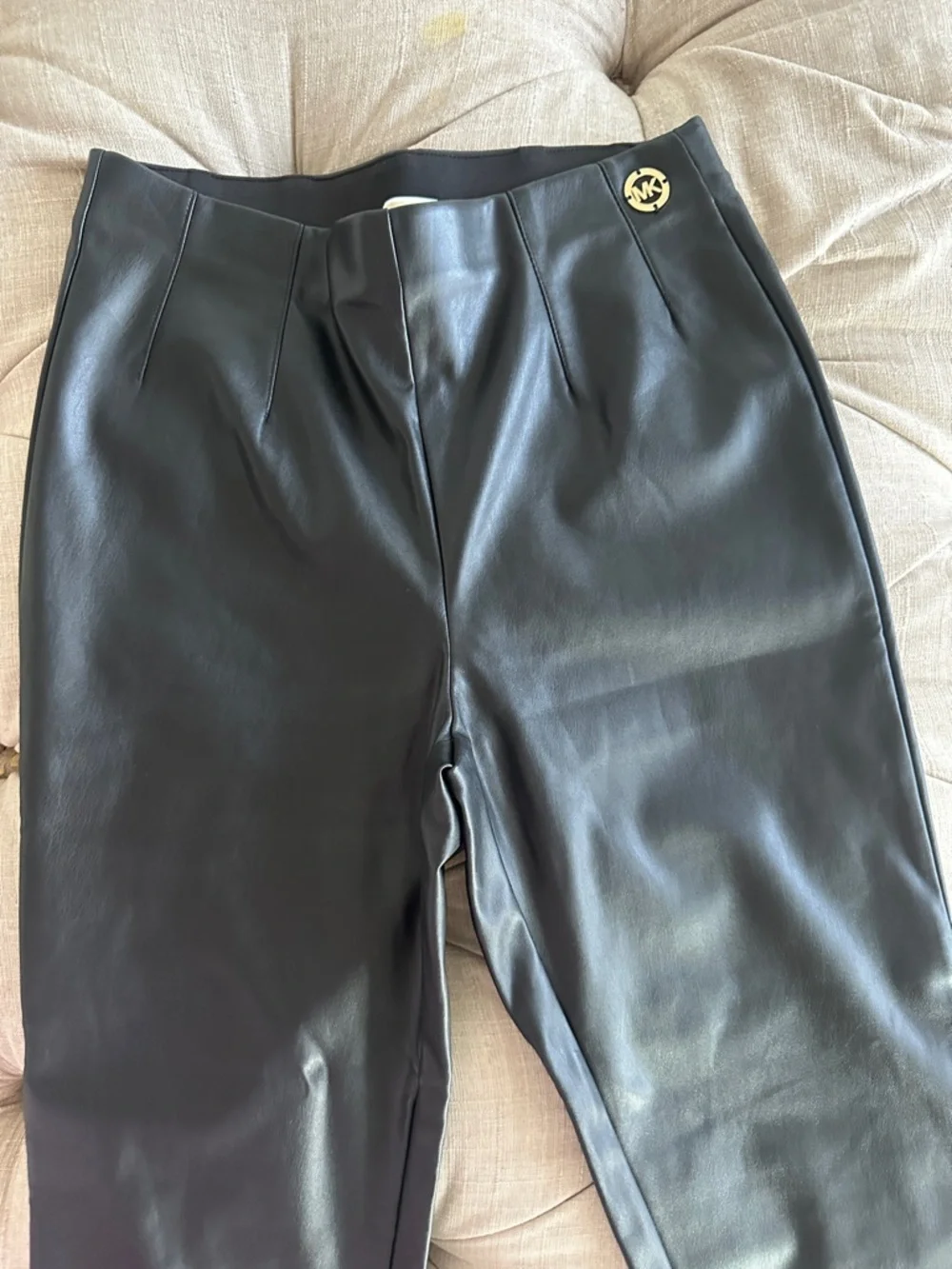 Michael Kors Black Faux Leather Tapered Pants with Gold Logo